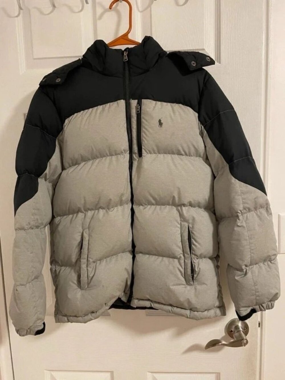 Polo Ralph Lauren Boys Gray Black Hooded Puffer Jacket XL 18-20